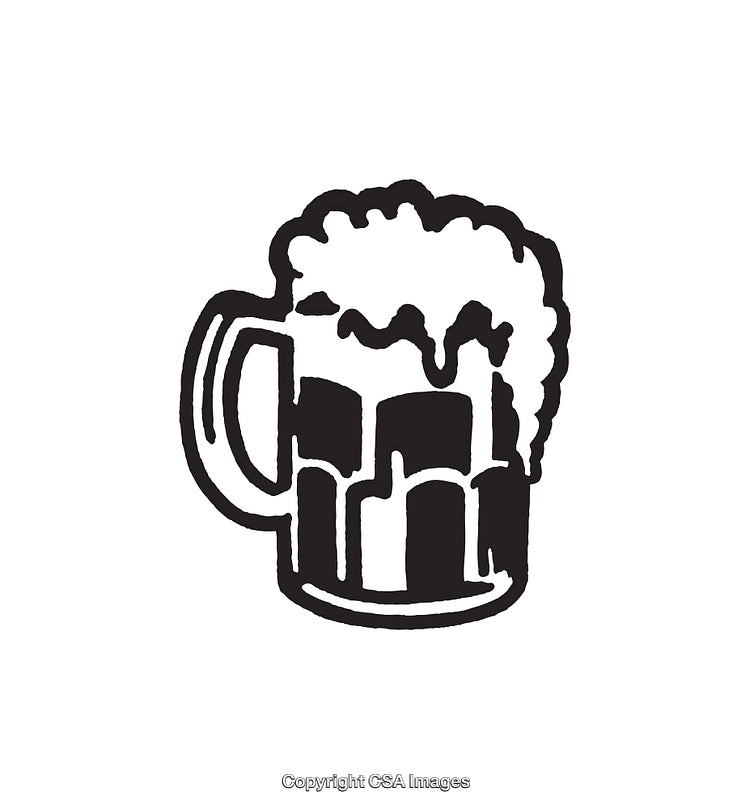 Black and White Line Drawing of a Beer Mug With Foam Overflowing