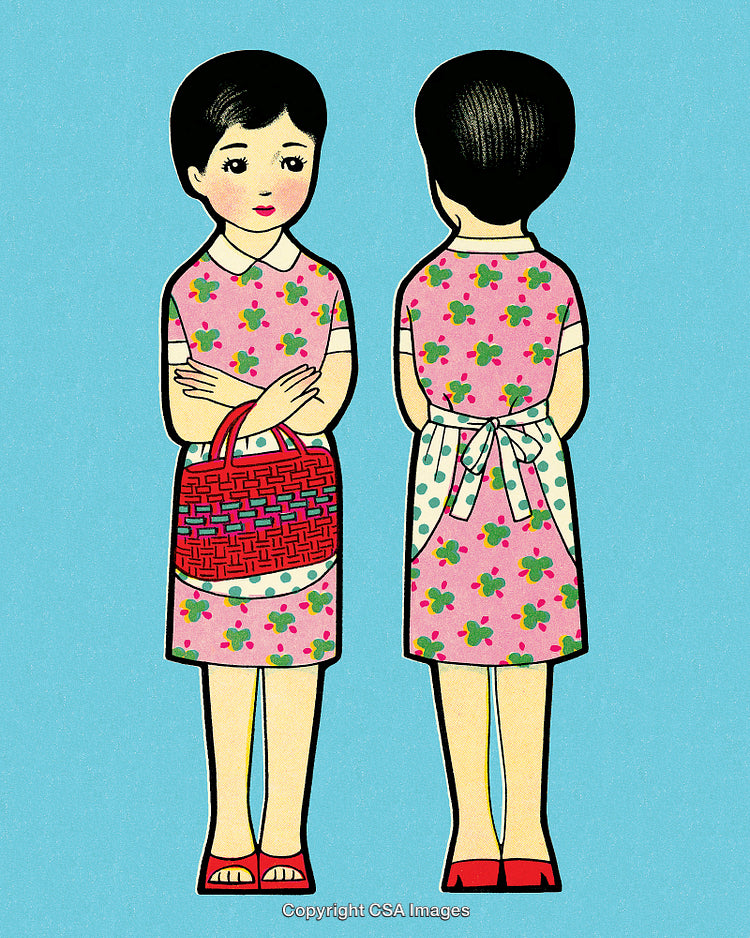 Vintage Illustration of a Girl in a Floral Dress, Front and Back Views