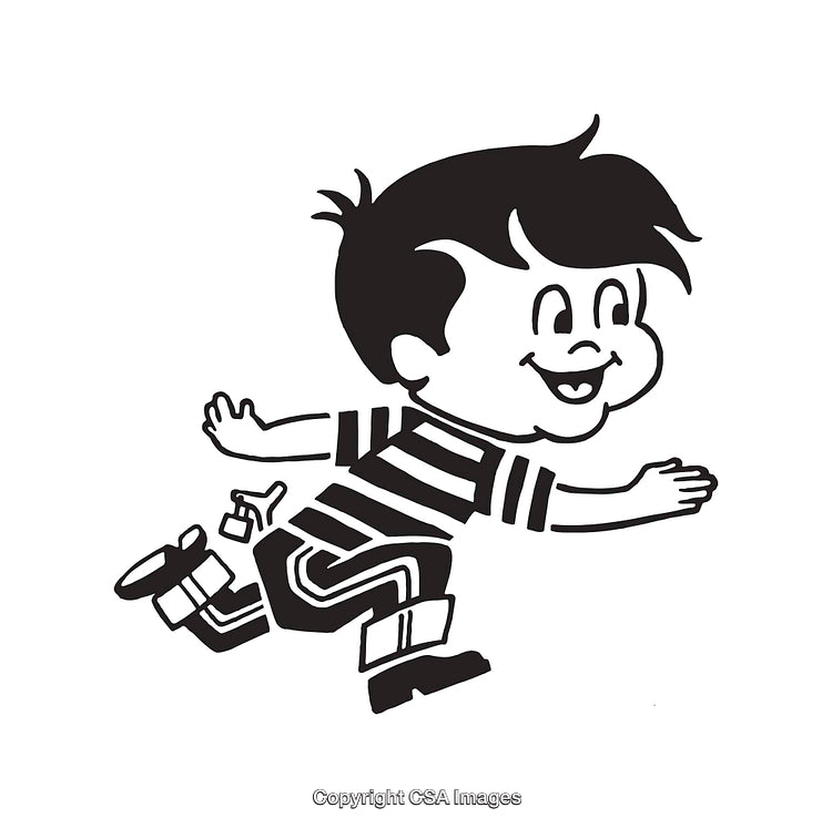 Adorable Cartoon Styled Boy Running in Black and White Line Art