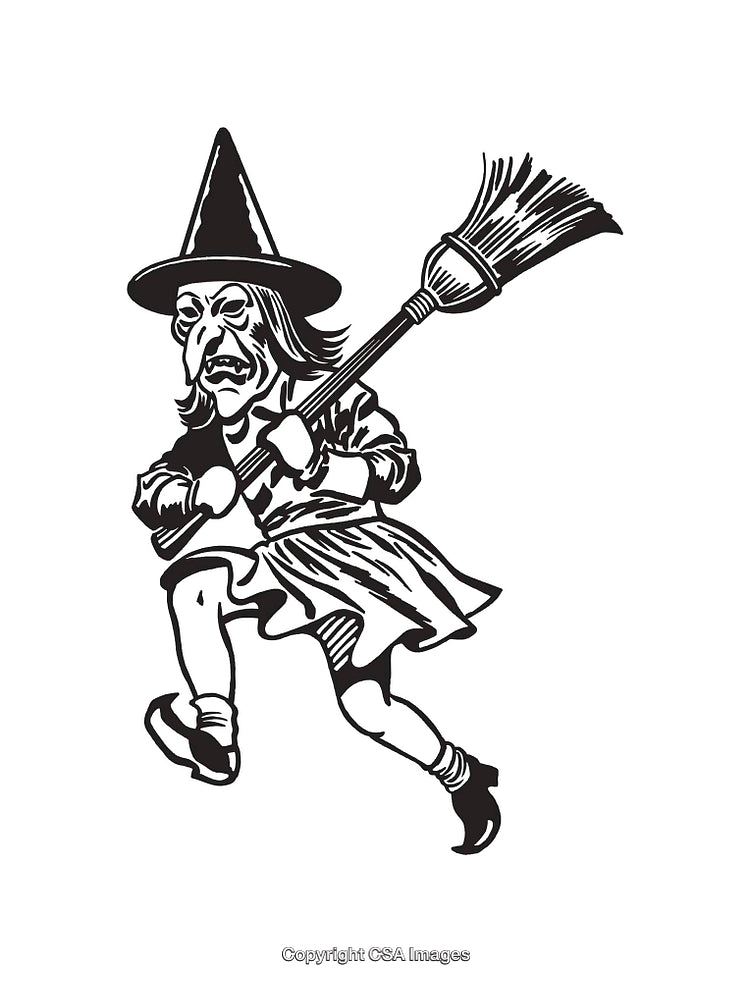 Black and White Line Art of a Witch with a Broomstick