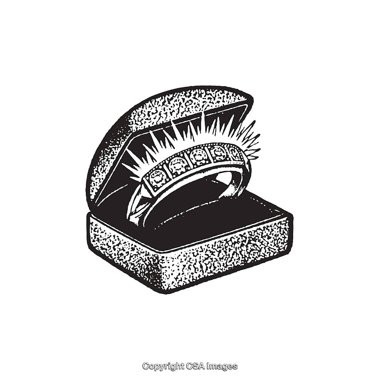 Elegant Black and White Ring Illustration in a Decorative Box