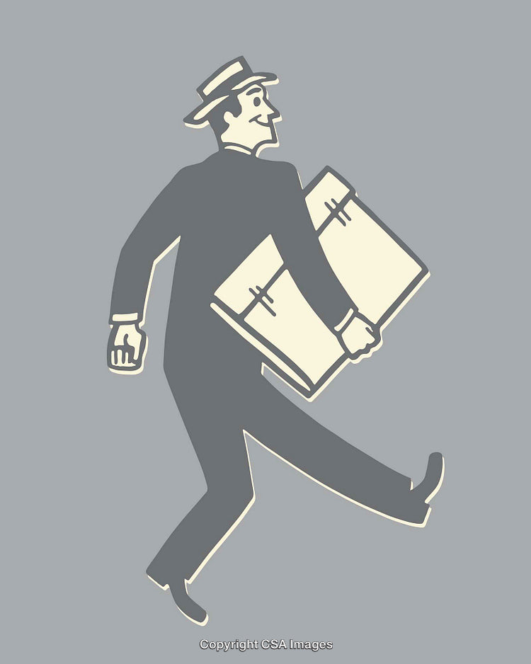 Vintage Mailman Carrying Parcel Illustration in Minimalist Retro Style