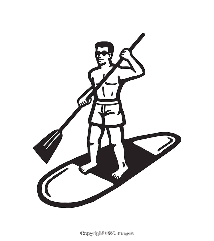 Black and White Illustration of Person Paddleboarding on Water