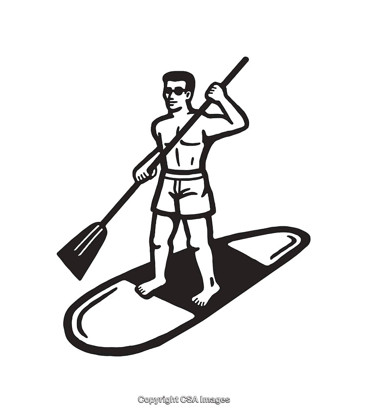Black and White Illustration of Person Paddleboarding on Water