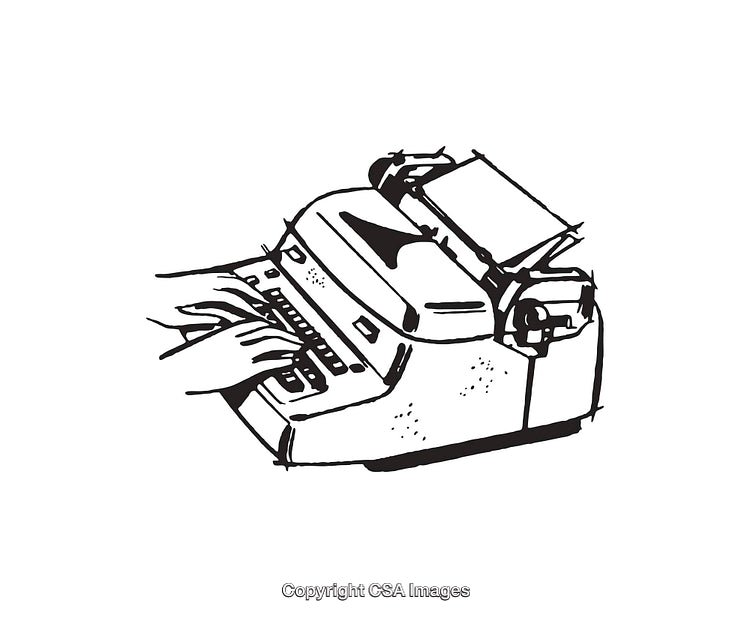 Vintage Typewriter Black And White Illustration Featuring Hands Typing