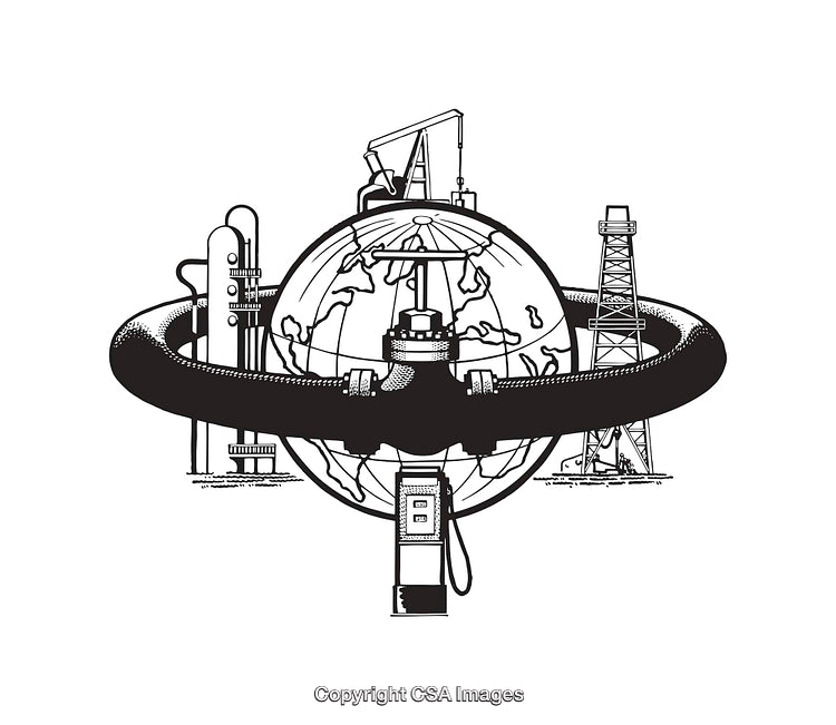 Black And White Line Art of Global Oil Industry and Energy Production