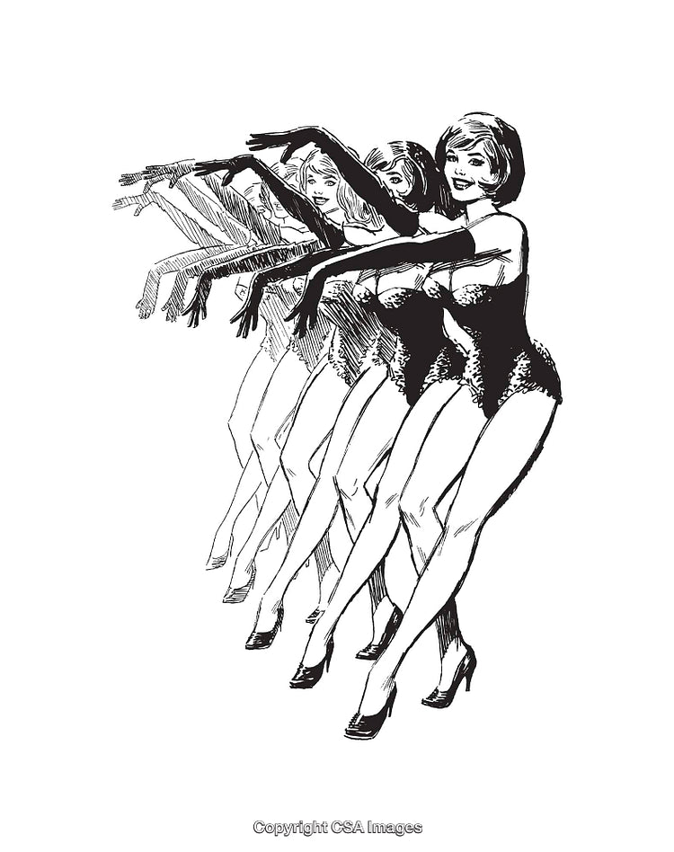 Elegant Black and White Sequence of Dancing Women in Line Art