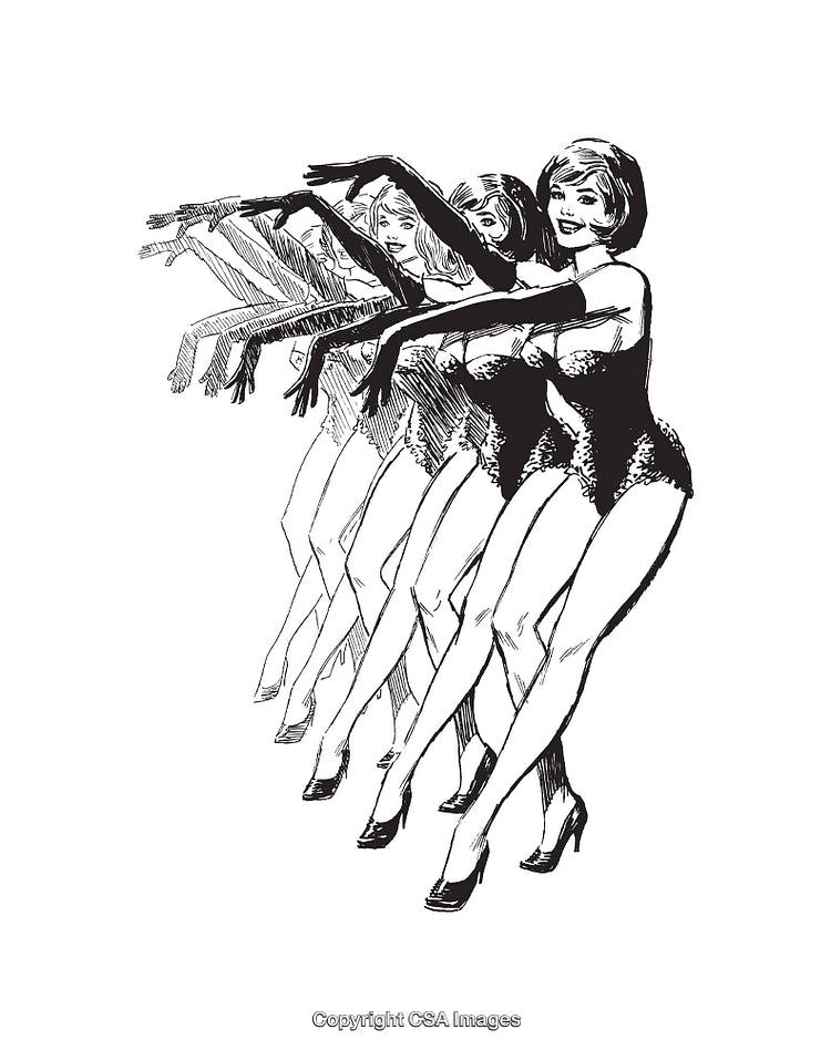 Elegant Black and White Sequence of Dancing Women in Line Art