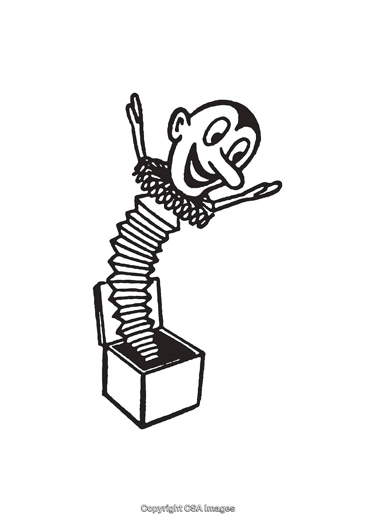 Black And White Line Art Illustration of a Jack-in-the-Box Toy
