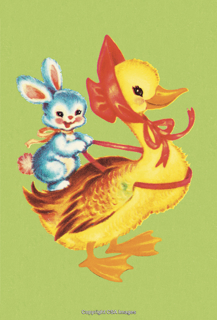Adorable Bunny Riding on a Duck Against a Bright Green Background
