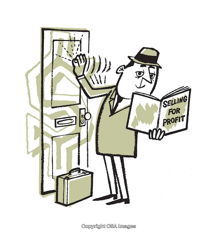 Retro Illustration of Salesman Knocking on Door With Selling Book