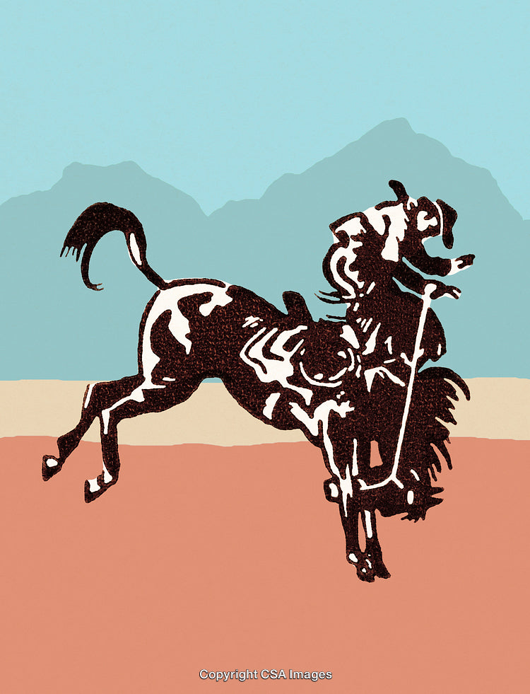 Vibrant Illustration of Rodeo Rider on Horse in Desert Landscape