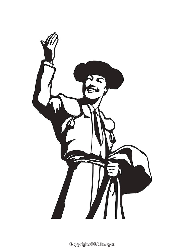 Black and White Line Art Illustration of a Smiling Matador Waving