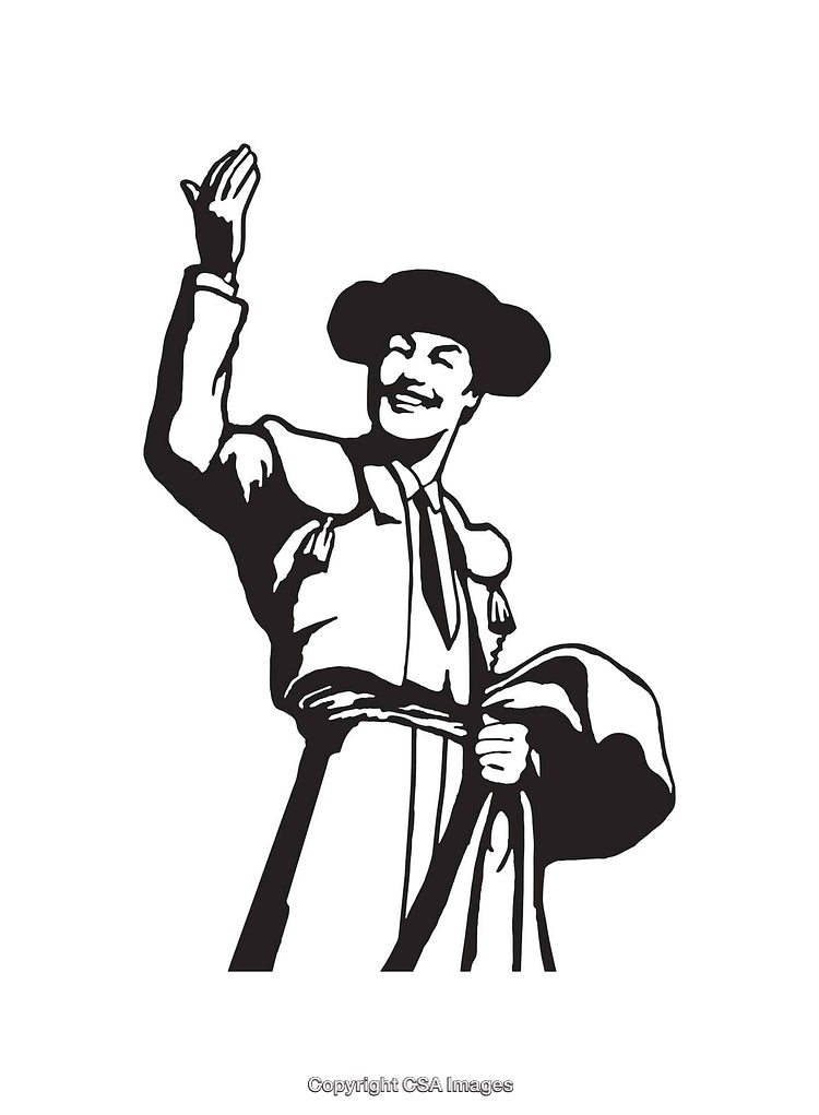 Black and White Line Art Illustration of a Smiling Matador Waving