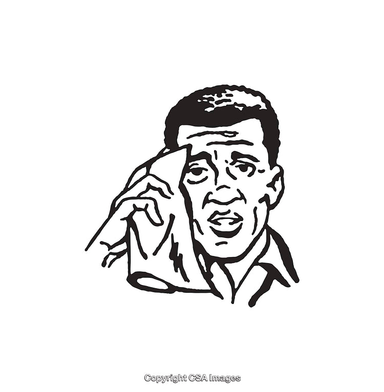 Black and White Line Art of Man Sweating and Wiping Face