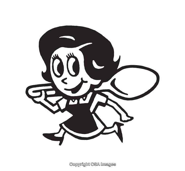 Black and White Retro Line Art of a Woman with a Spoon