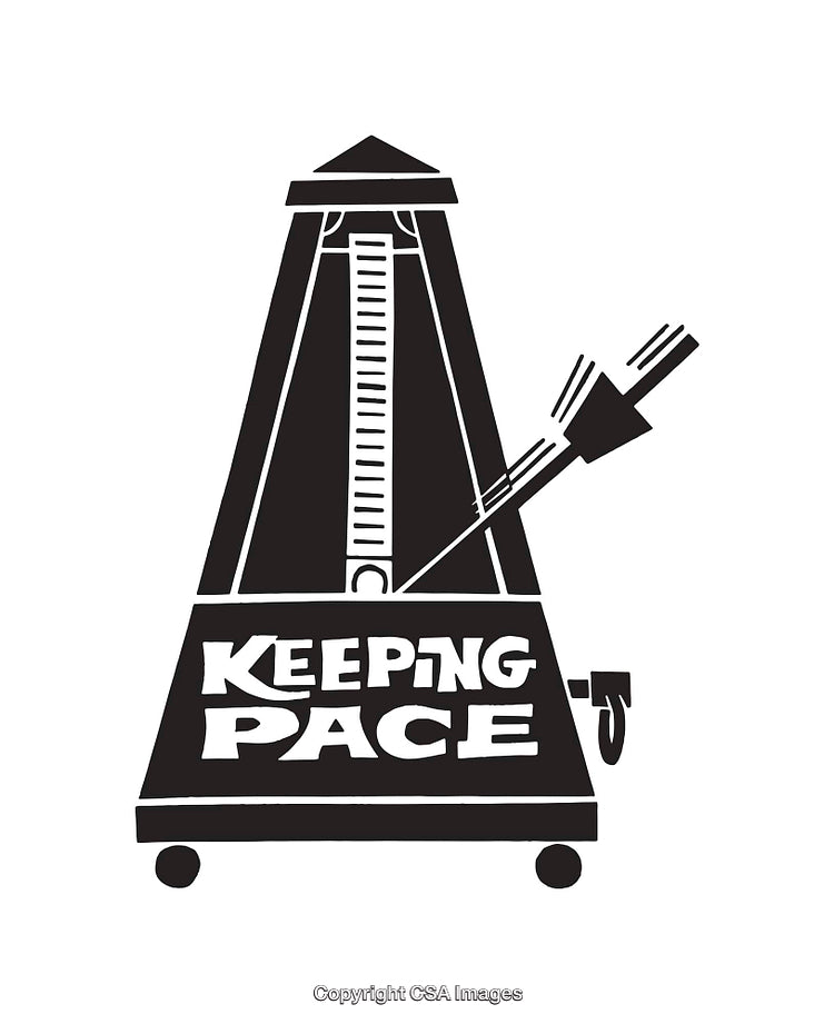 Black and White Line Art Illustration of a Metronome with Text