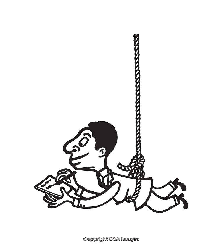 Cartoon Character Dangling on Rope While Writing Notes in Black and White
