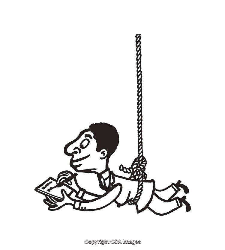 Cartoon Character Dangling on Rope While Writing Notes in Black and White
