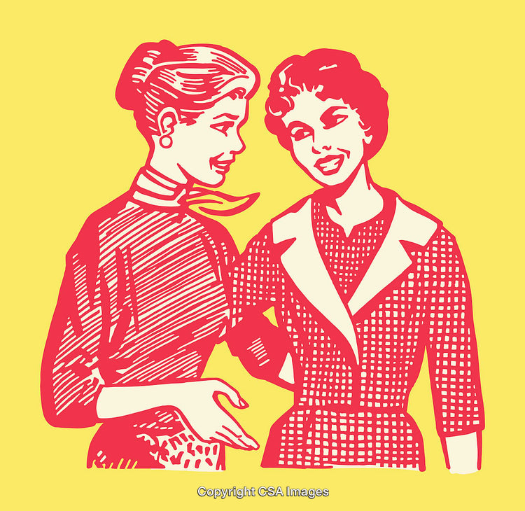 Retro Style Illustration of Two Smiling Women in Conversation