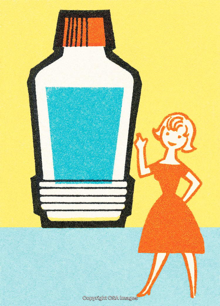 Retro Illustration of a Woman Standing Beside a Large Bottle