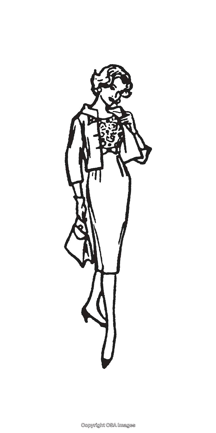 Vintage Black and White Fashion Line Art of a Stylish Woman