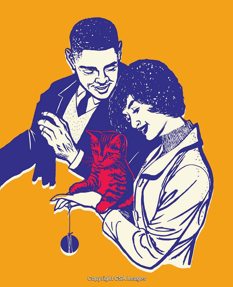 Artistic Color Line Illustration of Couple with Red Cat on Yellow Background
