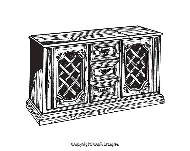 Black and White Illustration of a Decorative Wooden Furniture Cabinet