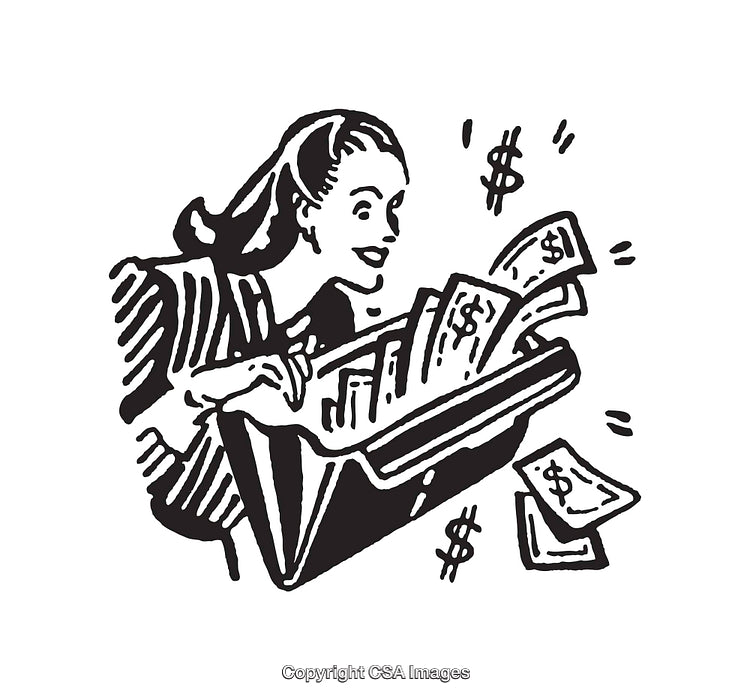 Vintage Black and White Illustration of a Happy Woman with Money