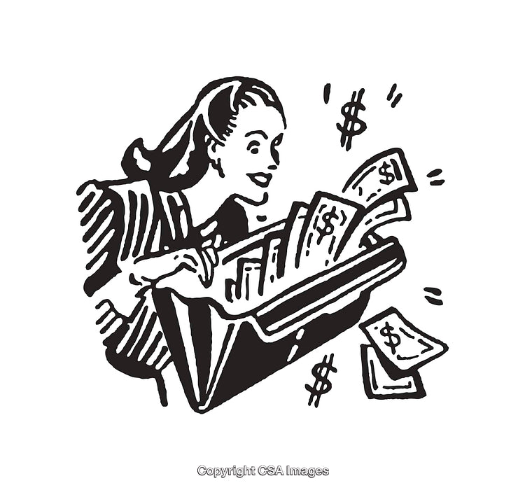 Vintage Black and White Illustration of a Happy Woman with Money