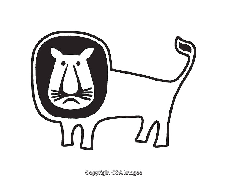 Black and White Line Artwork of a Stylized Lion with Sad Expression