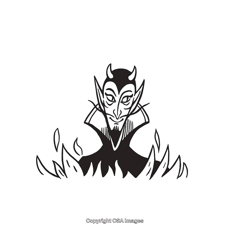 Stylized Black and White Drawing of a Mysterious Creature with Horns and Flames