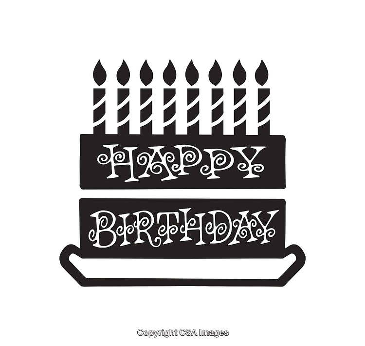 Black and White Birthday Cake Illustration with Candles and Lettering