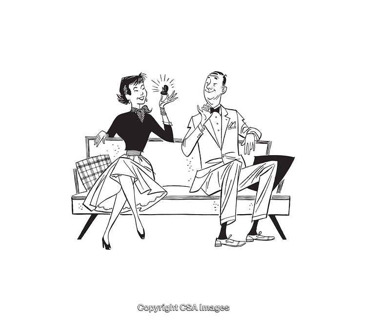 Vintage-Style Line Art of a Couple Sitting on a Bench With Joy
