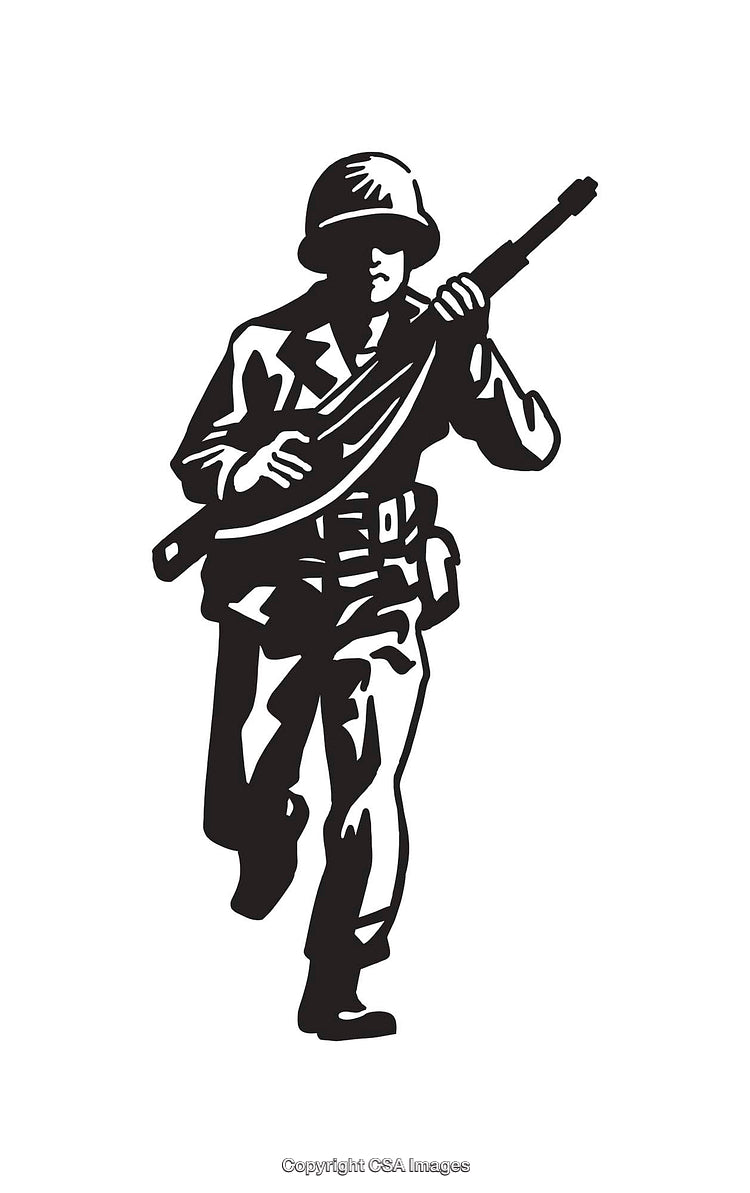 Black and White Line Art Soldier Carrying a Rifle in Motion
