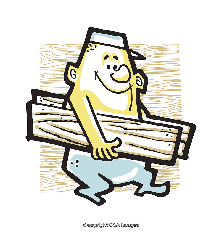Colorful Illustration of a Cheerful Woodworker Carrying Wooden Planks