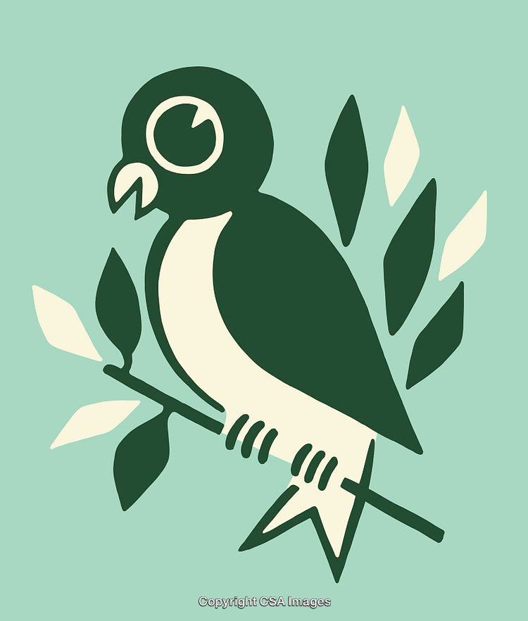 Illustration of a Bird Perched on a Branch Surrounded by Leaves