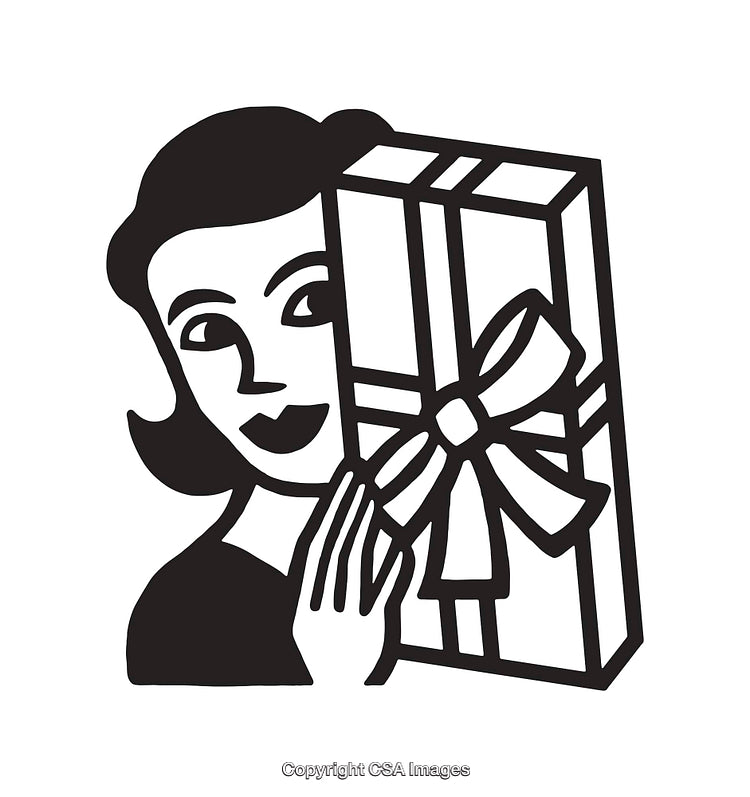 Black And White Illustration of Woman Holding a Decorative Gift Box