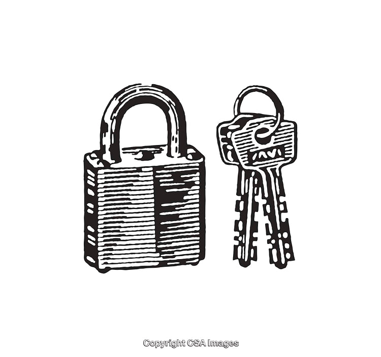 Black and White Illustration of Padlock and Keys Symbolizing Security