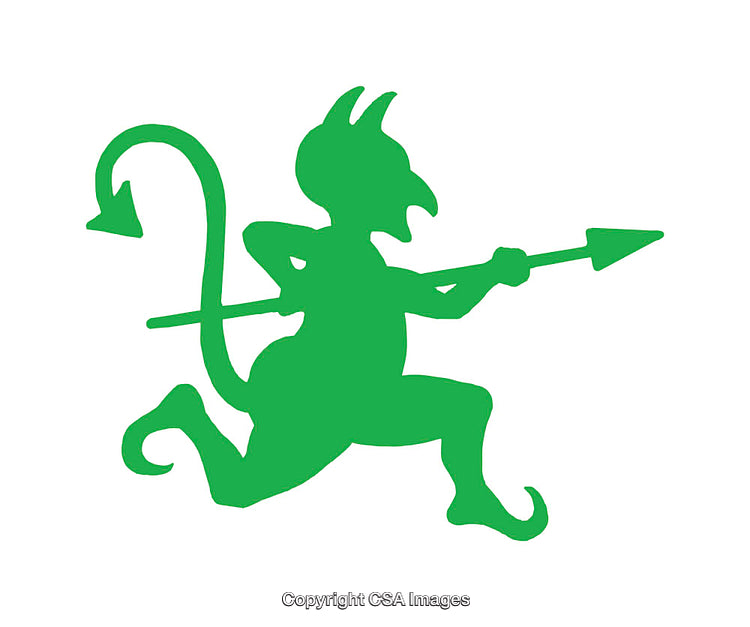 Green Silhouette of a Devil Carrying a Spear on White Background