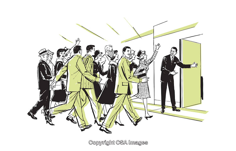 Retro Illustration of Group Entering Open Door with Expressed Enthusiasm