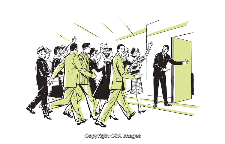 Retro Illustration of Group Entering Open Door with Expressed Enthusiasm