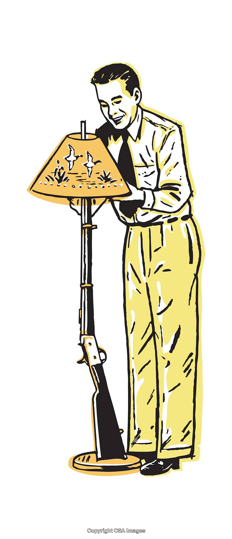 Vintage Illustration of a Man Adjusting a Unique Rifle-Shaped Lamp