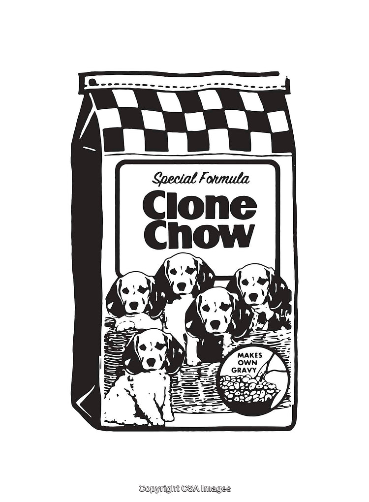 Black and White Line Art of Pet Food Packaging with Puppies