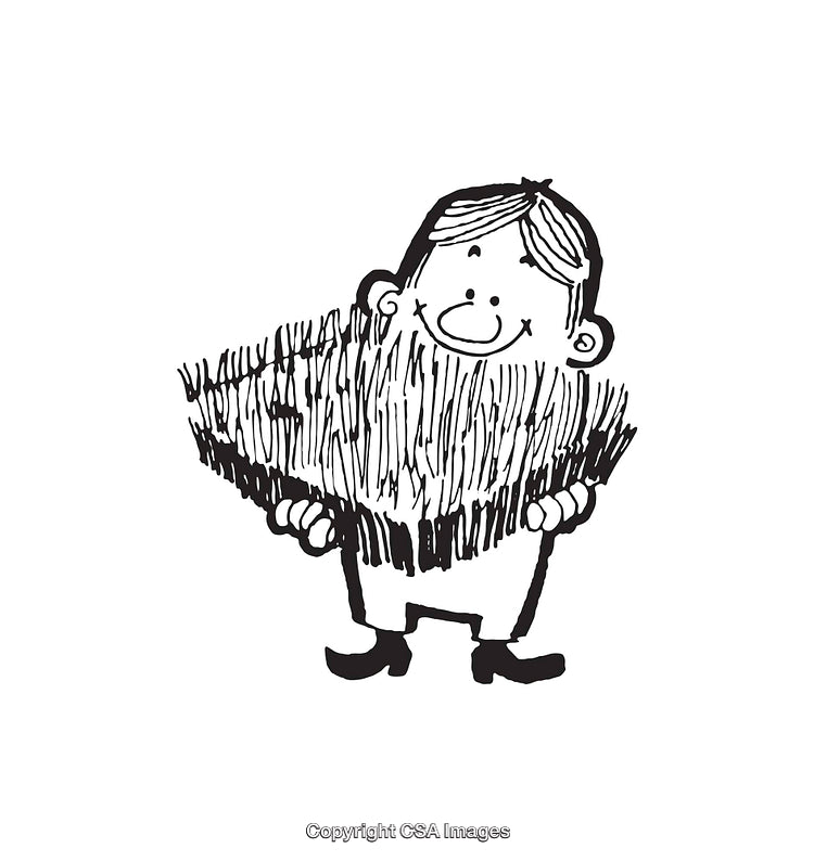 Cartoon Illustration of Smiling Character Holding Large Beard in Black and White