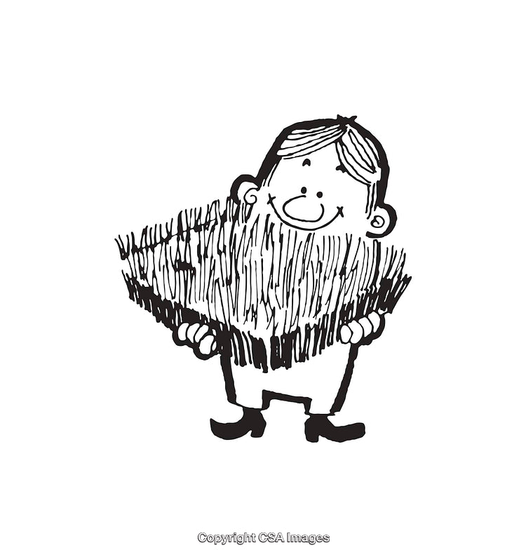Cartoon Illustration of Smiling Character Holding Large Beard in Black and White
