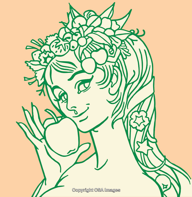 Elegant Line Art Illustration of Woman With Fruit-Inspired Hairpiece