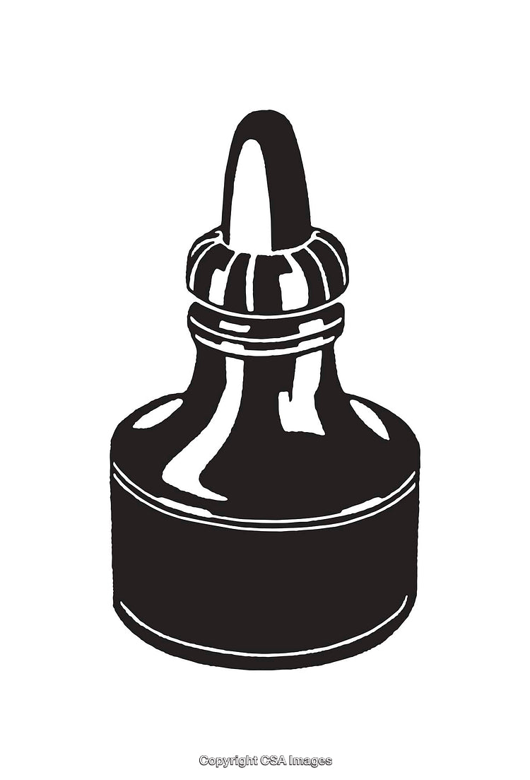 Black and White Vintage Line Art Illustration of an Ink Bottle