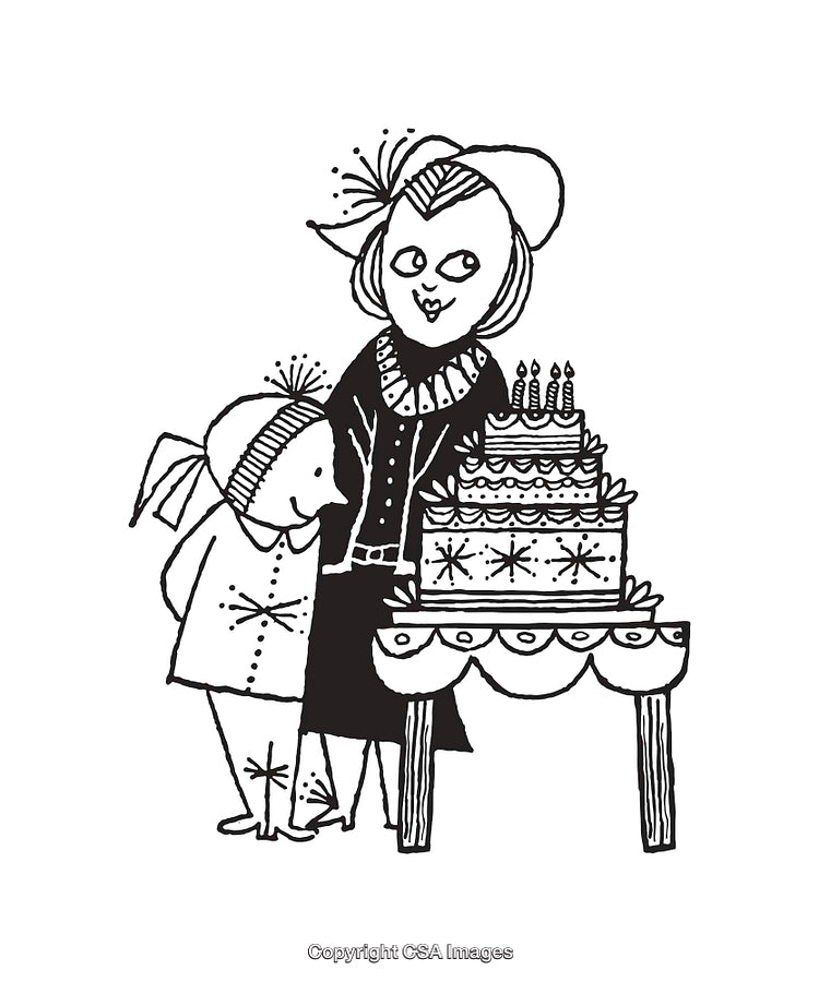 Charming Line Art Illustration of a Celebration with Cake and Characters