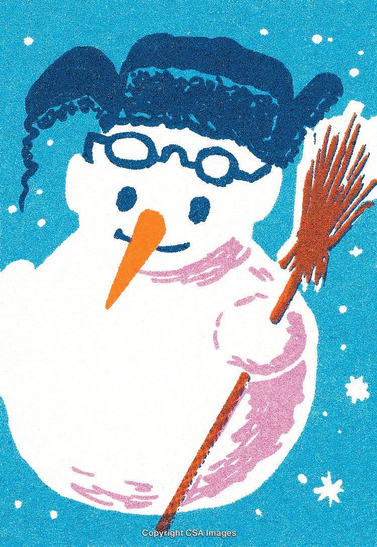 Festive Snowman Illustration with Glasses and Broomstick on a Snowy Background
